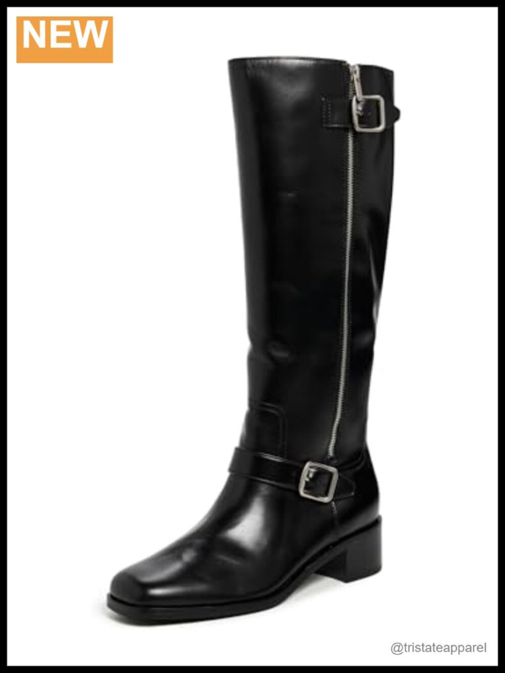 Vince Leighton Motorcycle Boots Black Leather Knee High Zip Chunky Heel